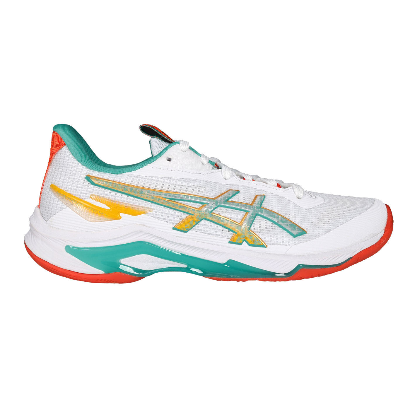 ASICS 女款排球鞋  @NETBURNER BALLISTIC FF 4@ 1052A090-960 - 白綠金橘紅