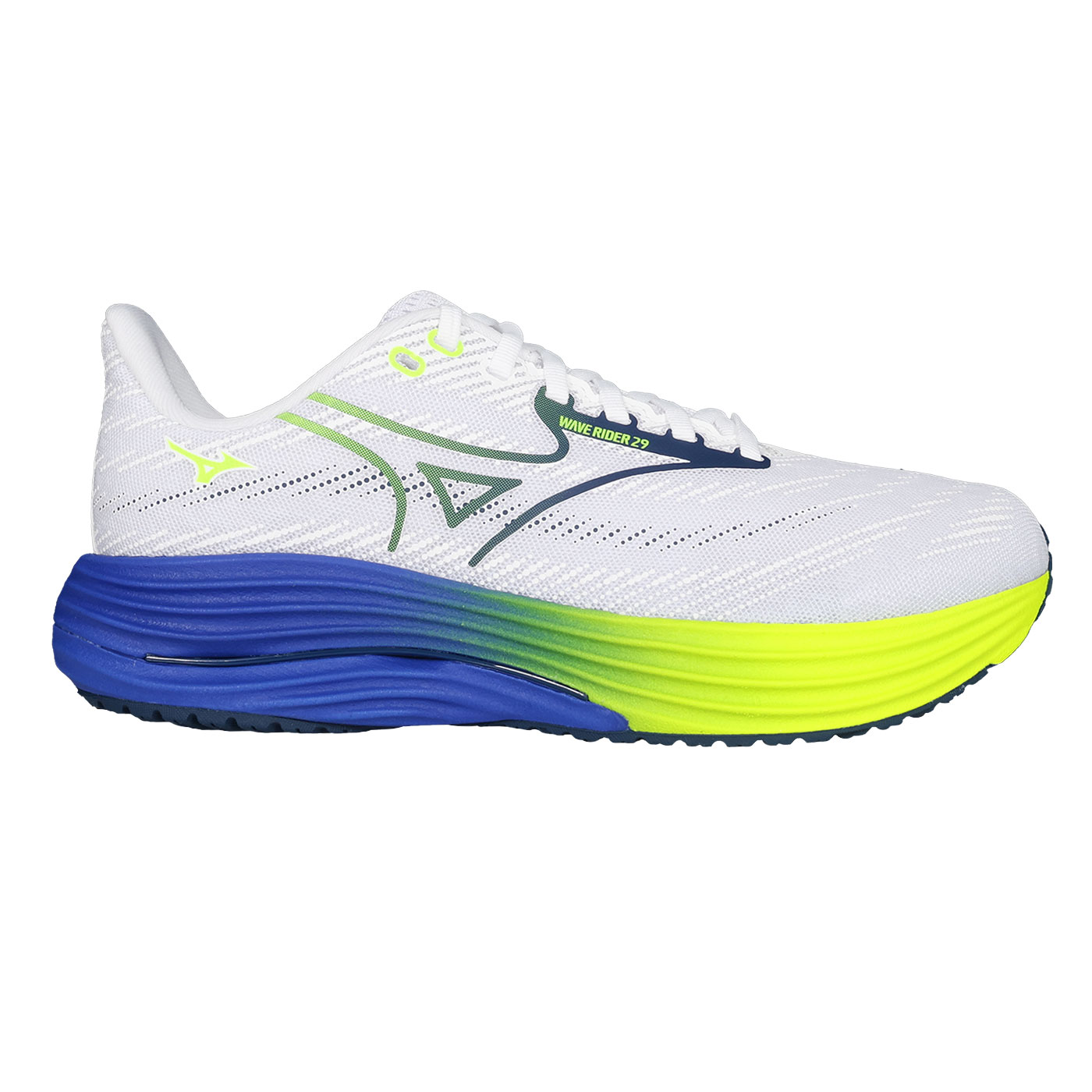 MIZUNO 男款緩震慢跑鞋-4E  @WAVE RIDER 29 SW@ J1GC250453 - 白藍螢光綠